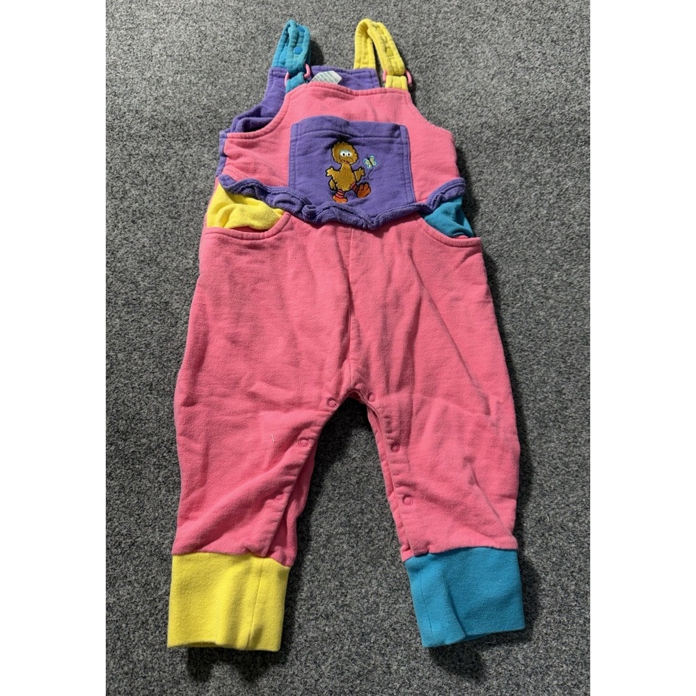 Vtg Sesame Street Big Bird Overalls Colorblock 12 Months Pink Girls Purple 90s
